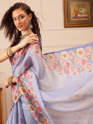 Blue Floral Digital Print Silk Cotton Saree 4