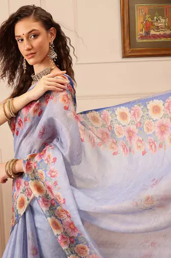 Blue Floral Digital Print Silk Cotton Saree