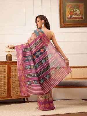 Purple Floral Digital Print Silk Cotton Saree 3