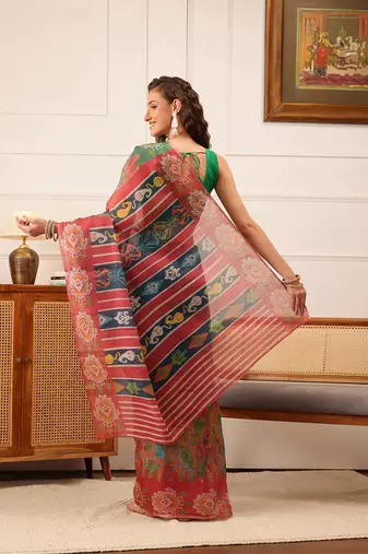 Blue Floral Digital Print Silk Cotton Saree