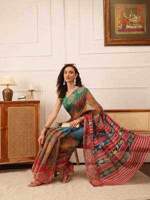 Blue Floral Digital Print Silk Cotton Saree 4