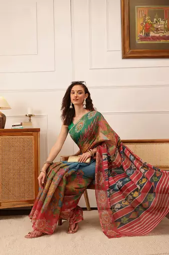 Blue Floral Digital Print Silk Cotton Saree