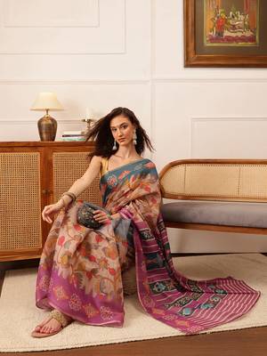 Purple Floral Digital Print Silk Cotton Saree 4