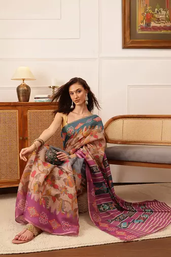 Purple Floral Digital Print Silk Cotton Saree