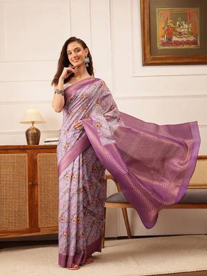 Lavender Striped Digital Print Crepe Saree 1