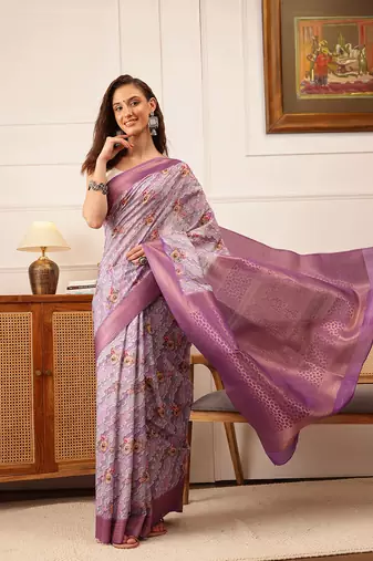 Lavender Striped Digital Print Crepe Saree