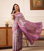 Lavender Striped Digital Print Crepe Saree