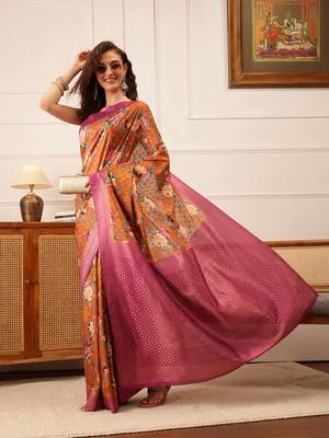 Brown Floral Digital Print Crepe Saree 1