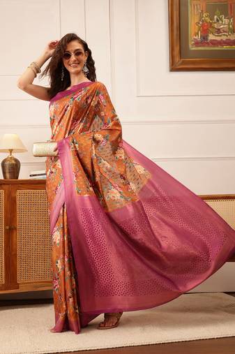 Brown Floral Digital Print Crepe Saree