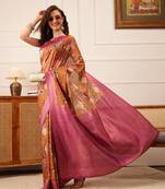 Brown Floral Digital Print Crepe Saree