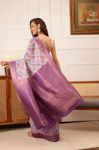 Lavender Striped Digital Print Crepe Saree