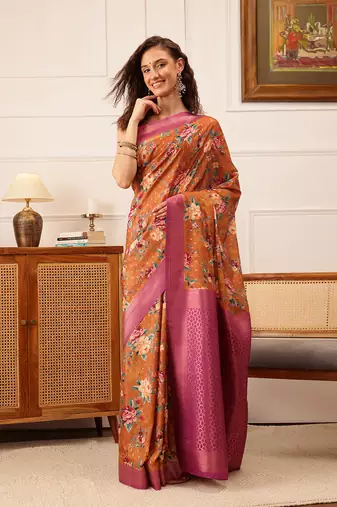 Brown Floral Digital Print Crepe Saree