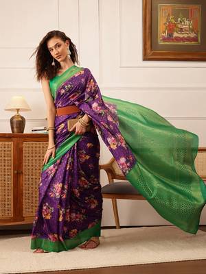 Purple Floral Digital Print Crepe Saree 1