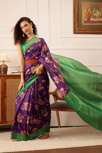 Purple Floral Digital Print Crepe Saree