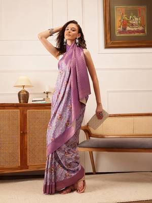 Lavender Striped Digital Print Crepe Saree 4