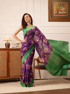 Purple Floral Digital Print Crepe Saree 2