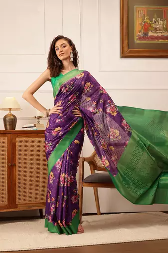 Purple Floral Digital Print Crepe Saree