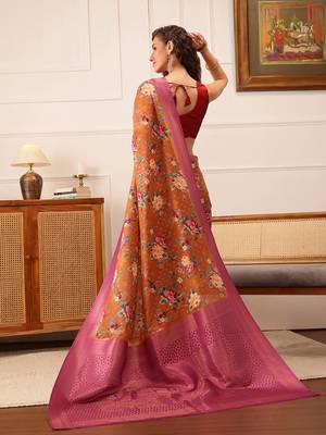 Brown Floral Digital Print Crepe Saree 3