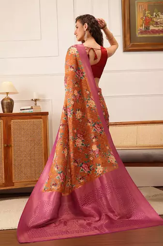 Brown Floral Digital Print Crepe Saree