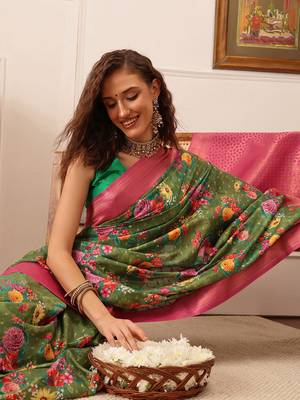 Green Floral Digital Print Crepe Saree 1
