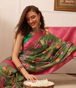 Green Floral Digital Print Crepe Saree