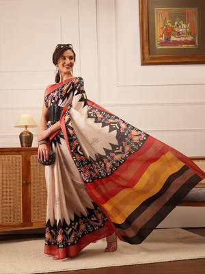 Beige Ikkat Digital Print Kotha Silk Blend Saree 1