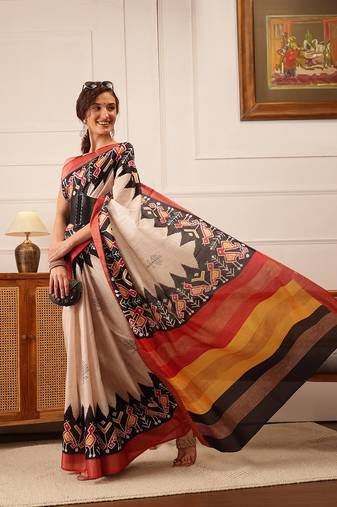 Beige Ikkat Digital Print Kotha Silk Blend Saree