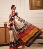Beige Ikkat Digital Print Kotha Silk Blend Saree