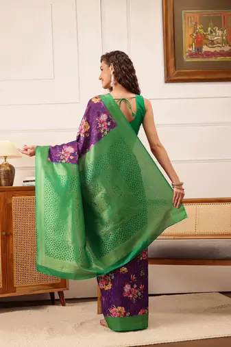 Purple Floral Digital Print Crepe Saree