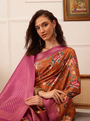 Brown Floral Digital Print Crepe Saree 4