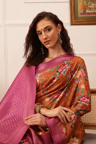 Brown Floral Digital Print Crepe Saree