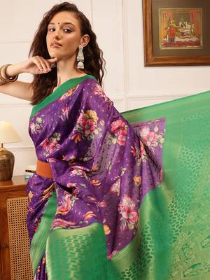 Purple Floral Digital Print Crepe Saree 4