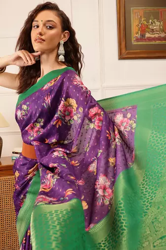 Purple Floral Digital Print Crepe Saree