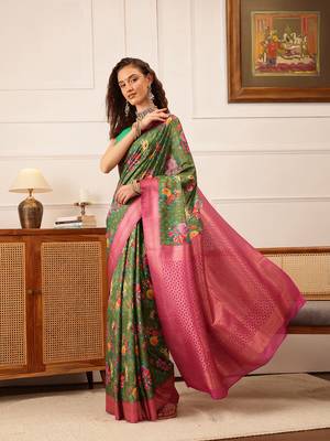 Green Floral Digital Print Crepe Saree 2