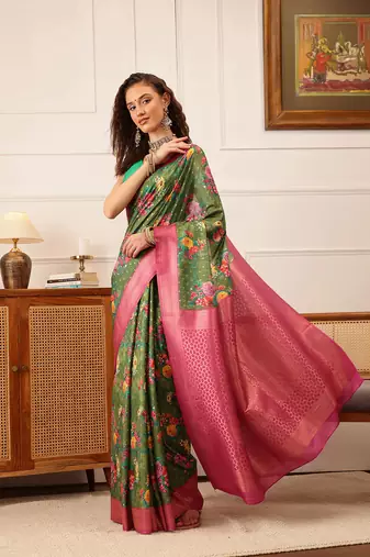 Green Floral Digital Print Crepe Saree