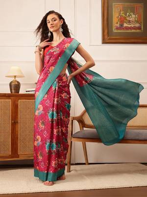 Pink Floral Digital Print Crepe Saree 2