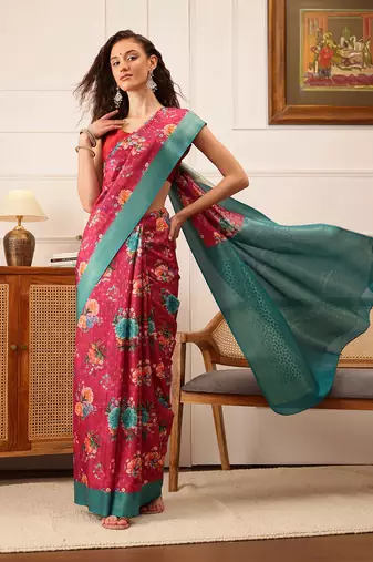 Pink Floral Digital Print Crepe Saree