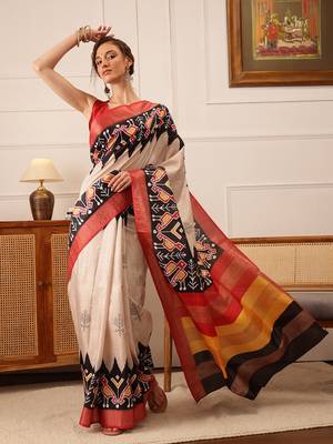 Beige Ikkat Digital Print Kotha Silk Blend Saree 2