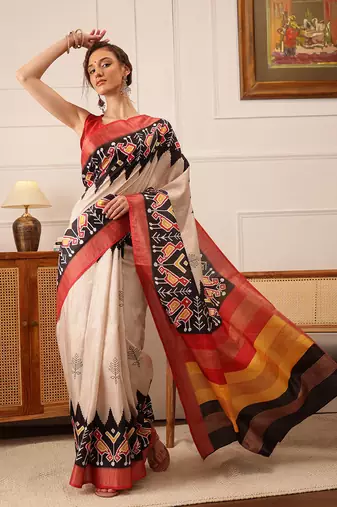 Beige Ikkat Digital Print Kotha Silk Blend Saree