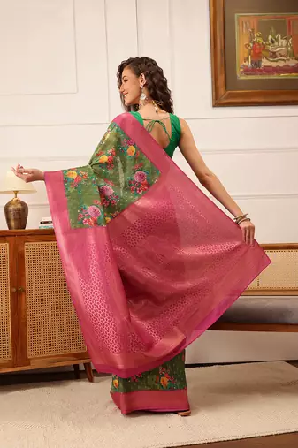 Green Floral Digital Print Crepe Saree