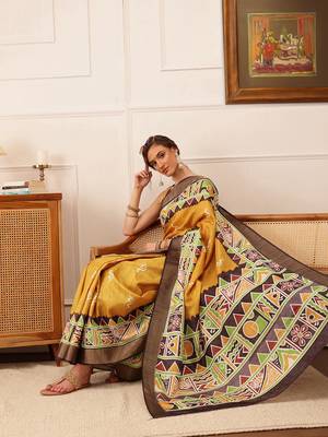 Yellow Warli Digital Print Kotha Silk Blend Saree 1