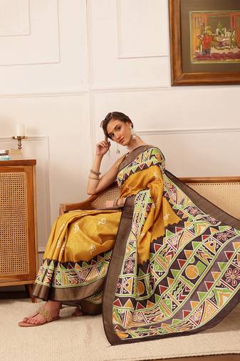 Yellow Warli Digital Print Kotha Silk Blend Saree