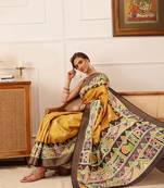 Yellow Warli Digital Print Kotha Silk Blend Saree