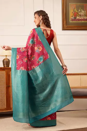 Pink Floral Digital Print Crepe Saree