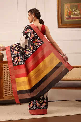Beige Ikkat Digital Print Kotha Silk Blend Saree