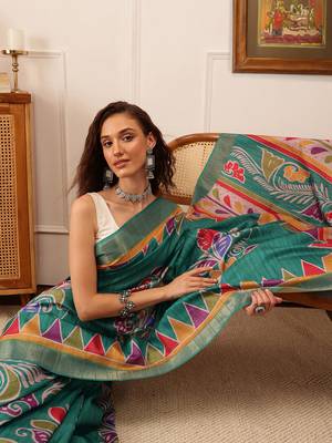 Teal Floral Digital Print Kotha Silk Blend Saree 1