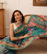 Teal Floral Digital Print Kotha Silk Blend Saree