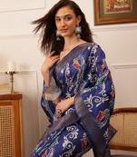 Blue Floral Digital Print Kotha Silk Blend Saree