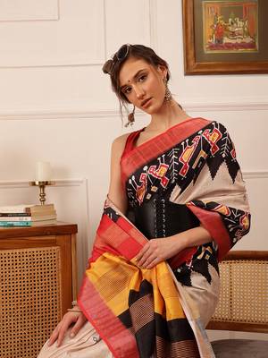 Beige Ikkat Digital Print Kotha Silk Blend Saree 4