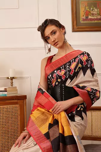 Beige Ikkat Digital Print Kotha Silk Blend Saree